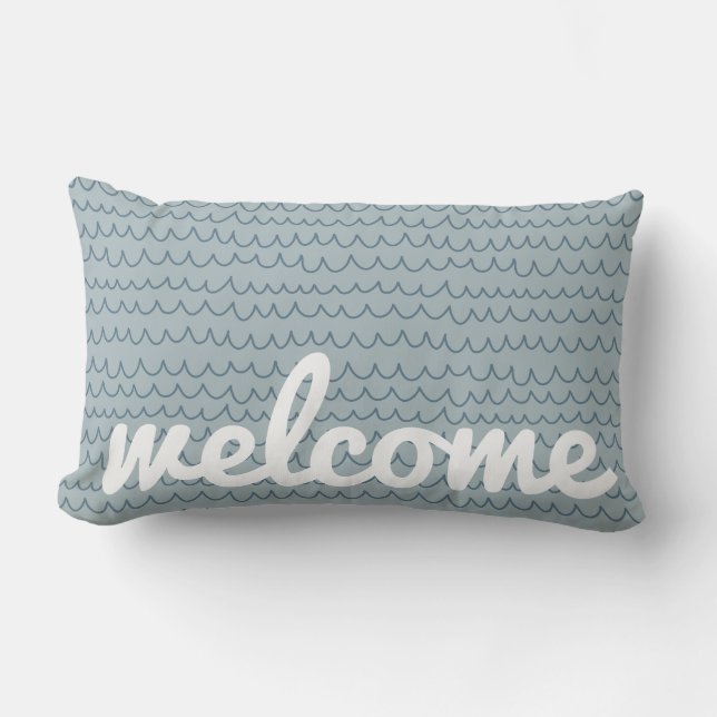 Soft Ocean Blue Hand Drawn Coastal Wave Lumbar Cushion (Front)