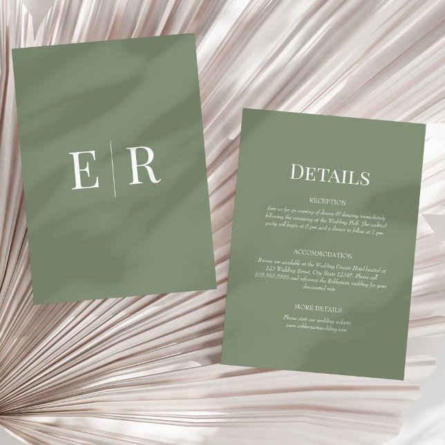Soft Olive Green Monogram Wedding Details Card (Soft Olive Green Monogram Wedding Details Card on a sunny neutral dry palm leaf.)