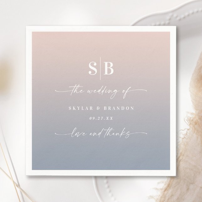 Soft Ombre Blush Pink Dusty Blue Wedding Monogram Napkin (Creator Uploaded)