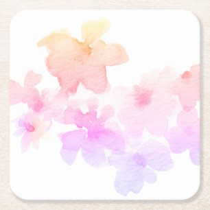 *~* Soft Ombre Peach Pink Floral Watercolor Square Paper Coaster