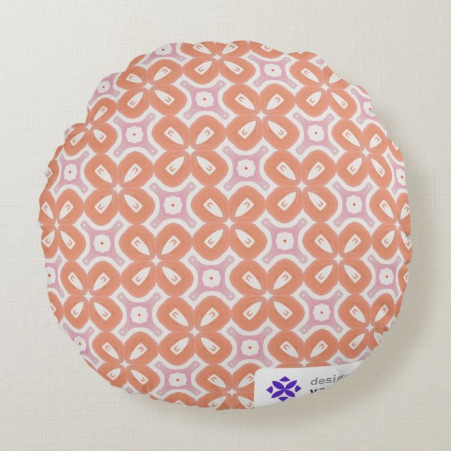 Soft Orange & Pink Floral Geometric Round Pillow – (Front)