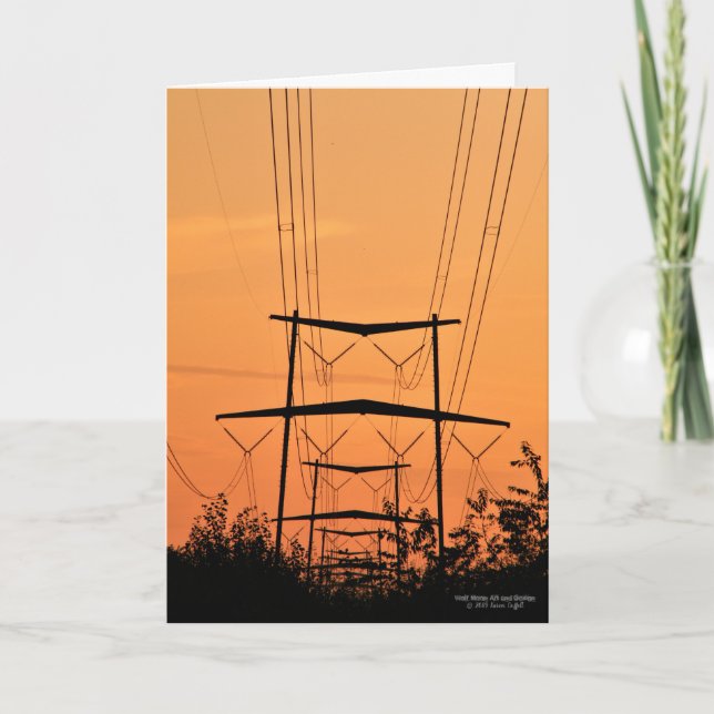 Soft Orange Sunset Over High Tension Power Lines Card (Front)