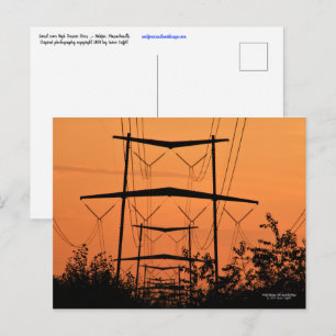 Soft orange sunset over high tension power lines postcard