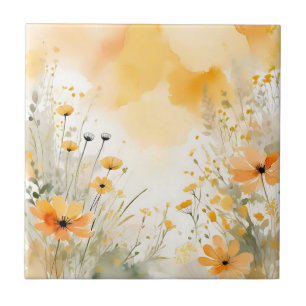 Soft Orange Watercolor Wildflowers Tile
