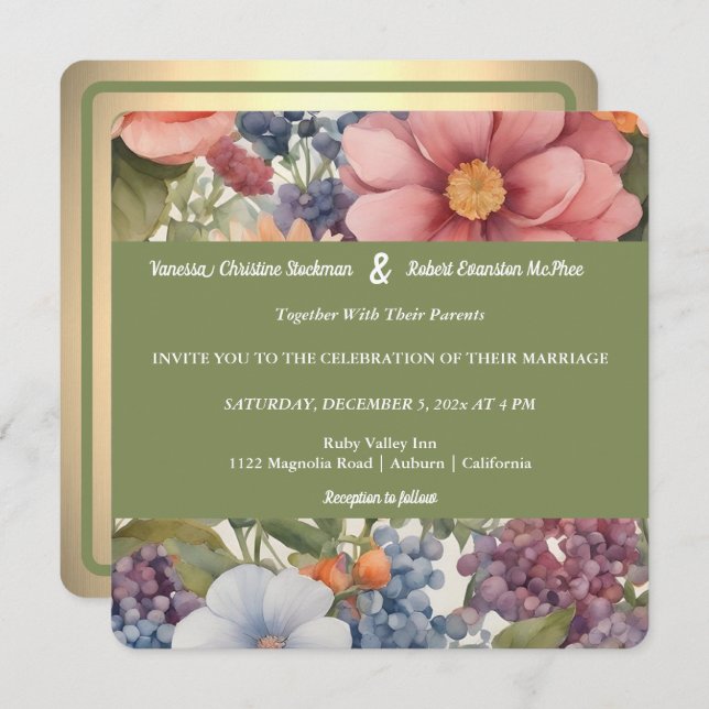 Soft Painted Floral Wedding Invitation (Front/Back)