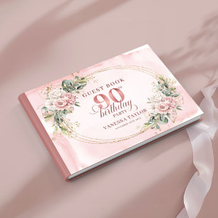 Soft Pale Pink Gold Greenery 90th Birthday Guest   Book