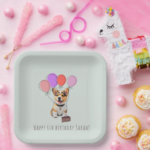 Soft Pale Sage Mint Corgi Birthday Party Paper Plate