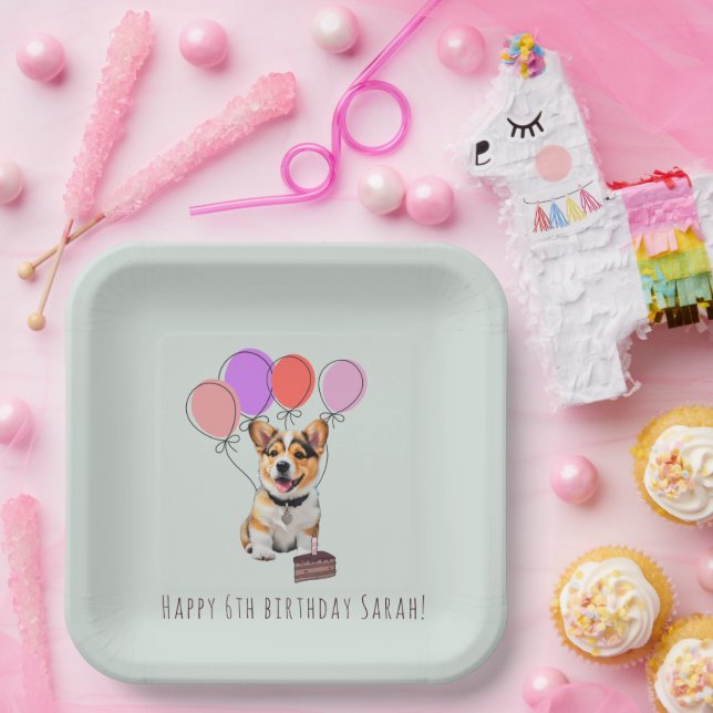 Soft Pale Sage Mint Corgi Birthday Party Paper Plate (Party)