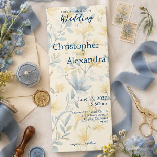 Soft Pale Watercolor Cream and Blue Floral Wedding Invitation