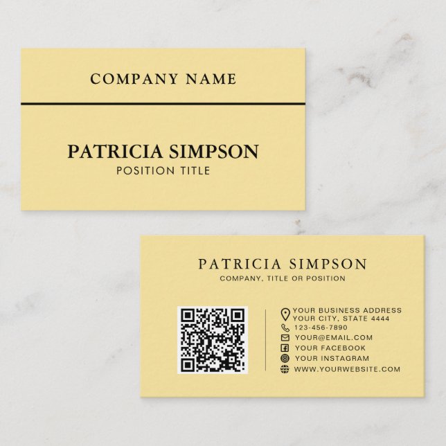 Soft Pale Yellow QR Code for Modern Professionals Business Card (Front/Back)