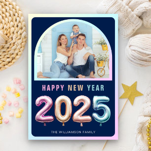 Soft Pastel 2025 Balloon Blue Happy New Year Photo Holiday Card