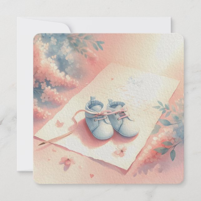 Soft Pastel Baby Themed Background Blue Booties Invitation (Front)