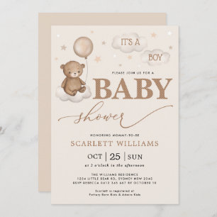 Soft Pastel Bear Balloon Clouds Stars Baby Shower Invitation