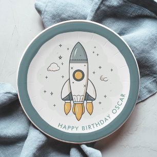 Soft Pastel Beige Rocket Ship Paper Plate