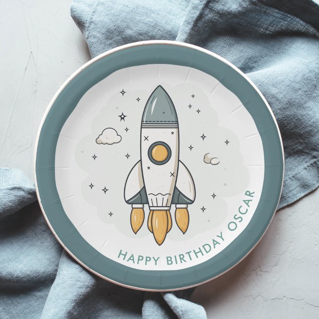 Soft Pastel Beige Rocket Ship Paper Plate (Creator Uploaded)