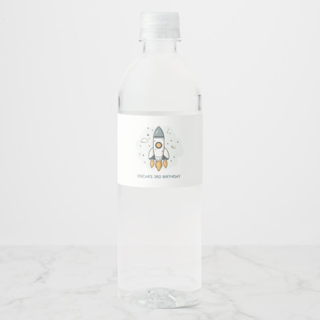 Soft Pastel Beige Rocket Ship  Water Bottle Label (Front)
