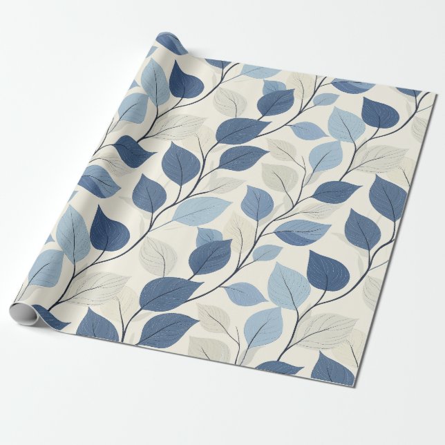 Soft Pastel Blue and Beige Leaf Pattern Wrapping Paper (Unrolled)