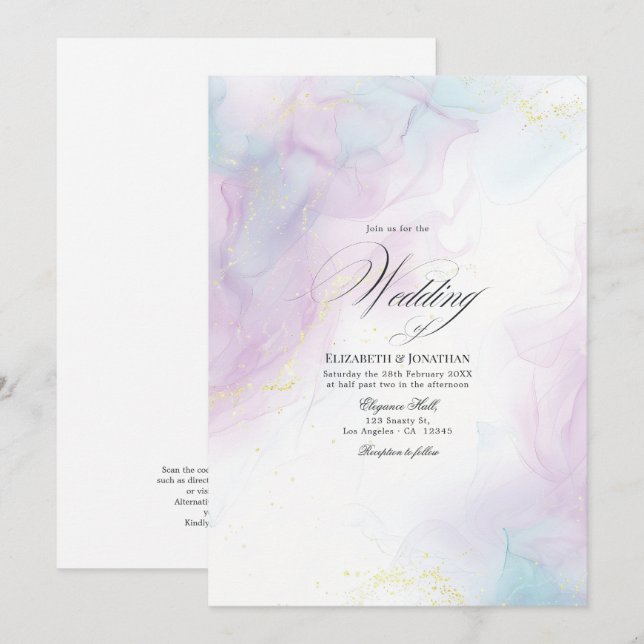 Soft Pastel Blue and Gold Alcohol Ink Wedding Invitation (Front/Back)