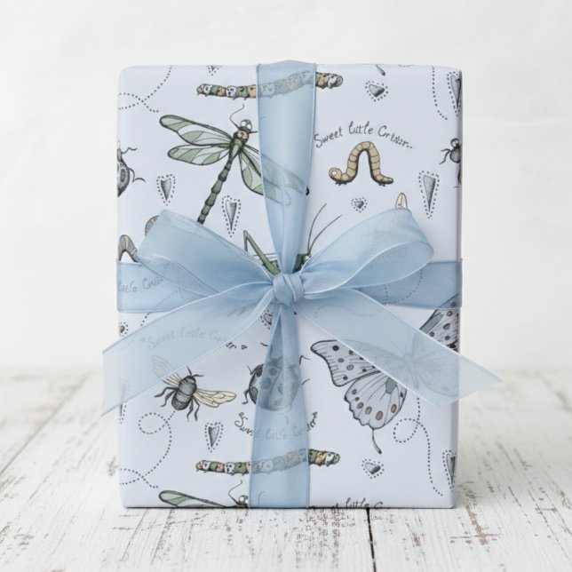 Soft Pastel Blue Boho Baby Bugs Kids & Baby Wrapping Paper (Insect Baby Shower Wrapping Paper for Baby Boy. French Blue & Sage Green Bugs & Beetle. Dragonfly)