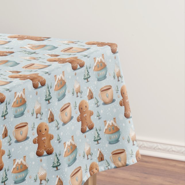 Soft pastel blue brown Christmas gingerbread men Tablecloth (In Situ)