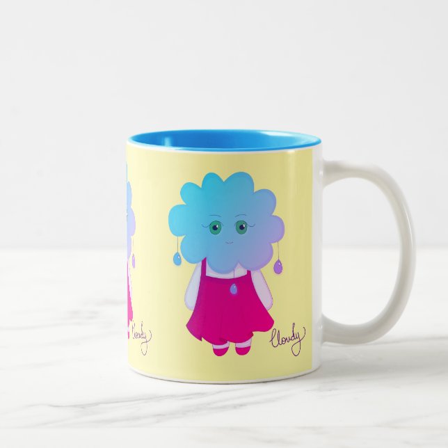 Soft Pastel Blue Cloud Character Illustration Two-Tone Coffee Mug (Right)