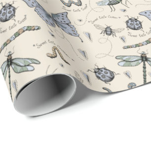 Soft Pastel Blue & Cream Boho Baby Bugs Kids Baby Wrapping Paper