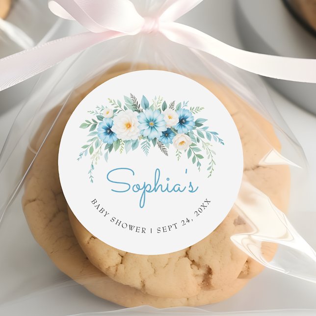 Soft Pastel Blue Floral Elegant Baby Shower Favour Classic Round Sticker (Creator Uploaded)
