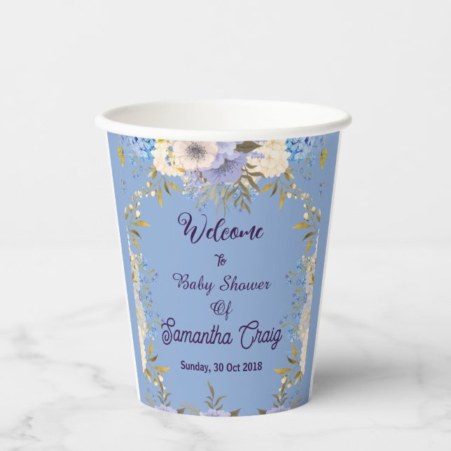 Soft Pastel Blue Flowers Lilac Floral Baby Shower  Paper Cups (Front)