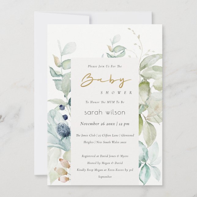 Soft Pastel Blue Green Foliage Baby Shower Invite (Front)