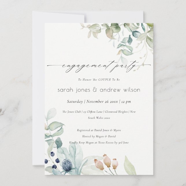 Soft Pastel Blue Green Foliage Engagement Invite (Front)