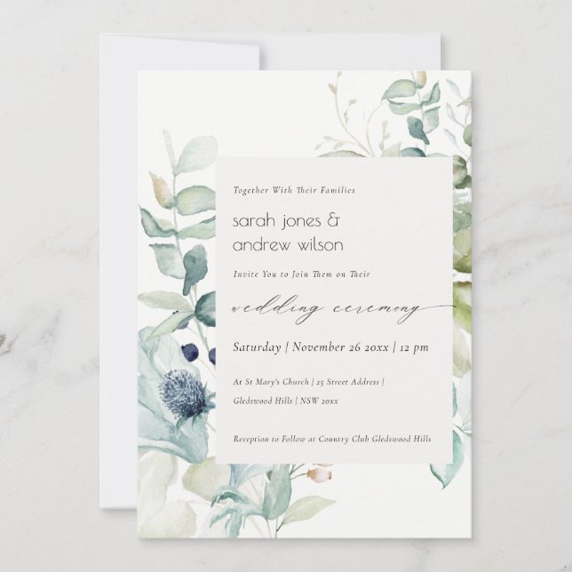 Soft Pastel Blue Green Foliage Wedding Invite (Front)