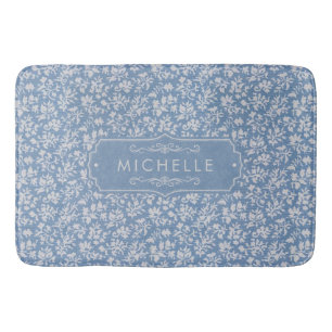 Soft Pastel Blue & Grey White Floral Boho Pattern Bath Mat