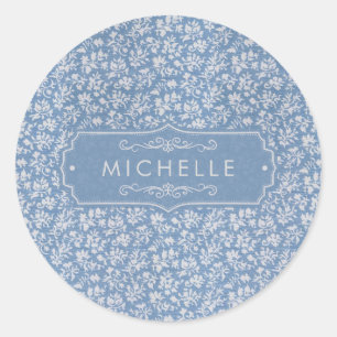 Soft Pastel Blue & Grey White Floral Boho Pattern Classic Round Sticker