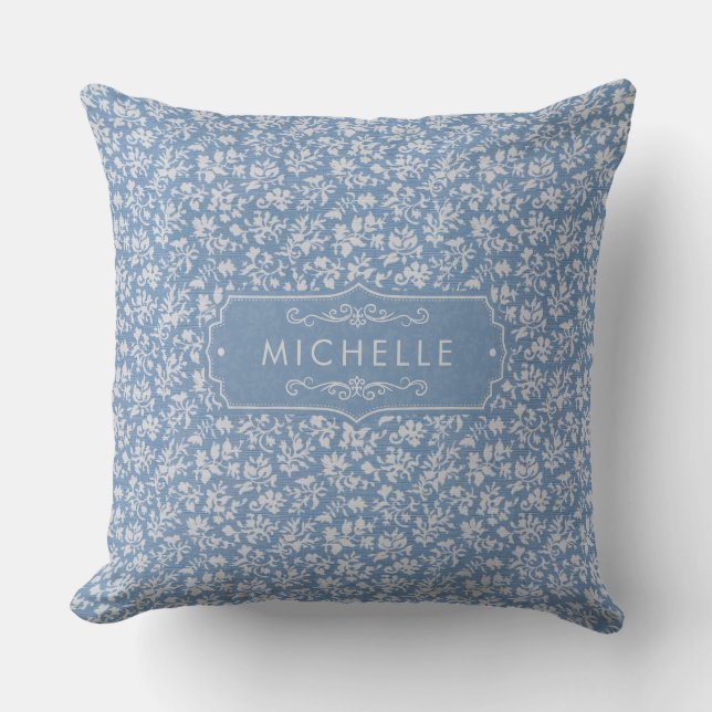 Soft Pastel Blue & Grey White Floral Boho Pattern Cushion (Front)