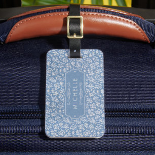 Soft Pastel Blue & Grey White Floral Boho Pattern Luggage Tag