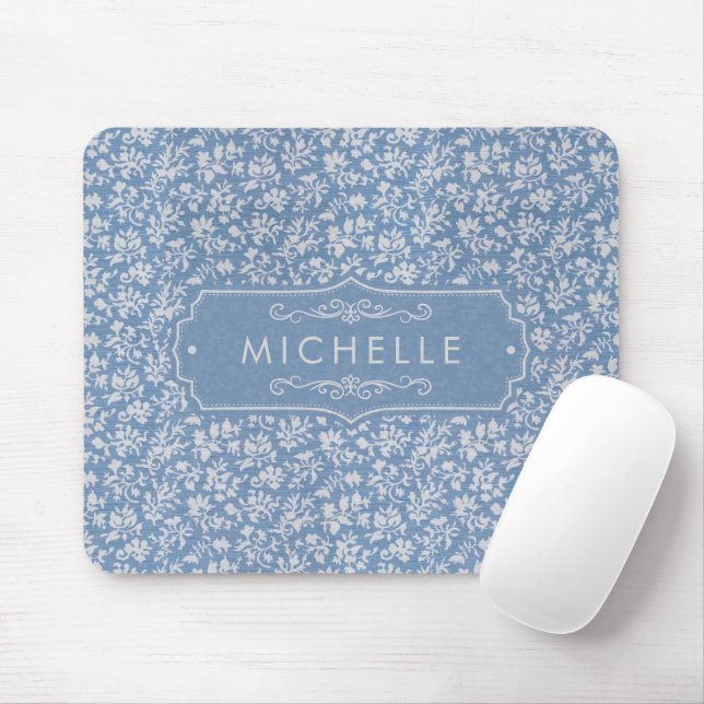 Soft Pastel Blue & Grey White Floral Boho Pattern Mouse Pad (With Mouse)