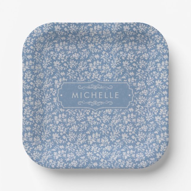 Soft Pastel Blue & Grey White Floral Boho Pattern Paper Plate (Front)