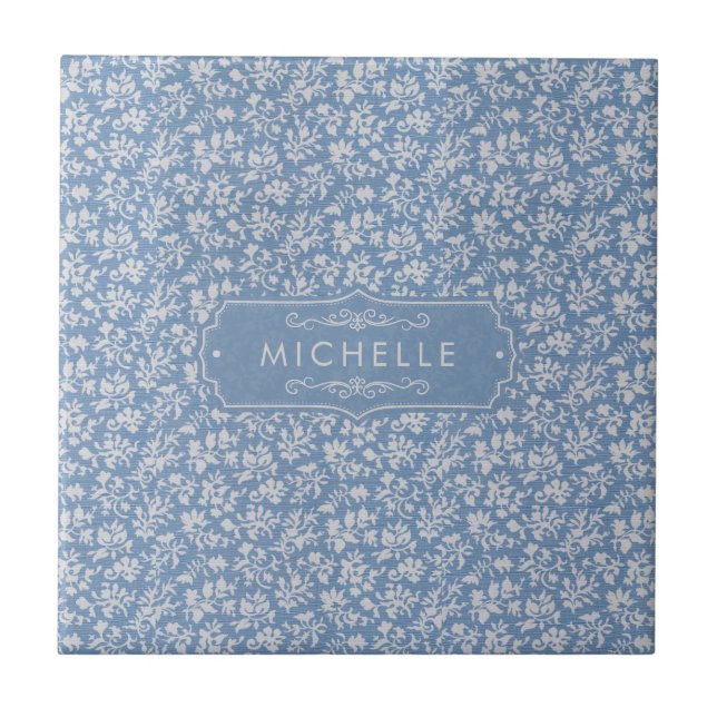 Soft Pastel Blue & Grey White Floral Boho Pattern Tile (Front)