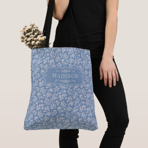 Soft Pastel Blue & Grey White Floral Boho Pattern Tote Bag