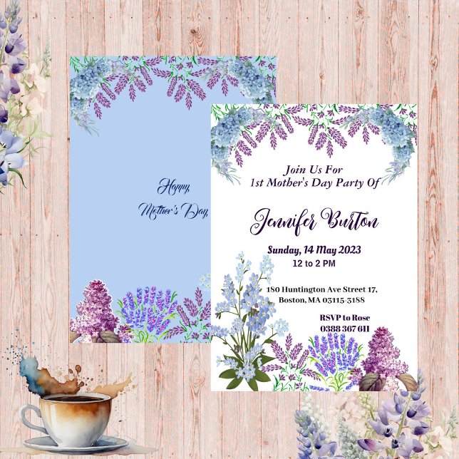 Soft Pastel Blue Lilac Hydrangea 1st Mother's Day  Invitation (Soft Pastel Blue Lilac Hydrangea 1st Mother's Day Invitation)