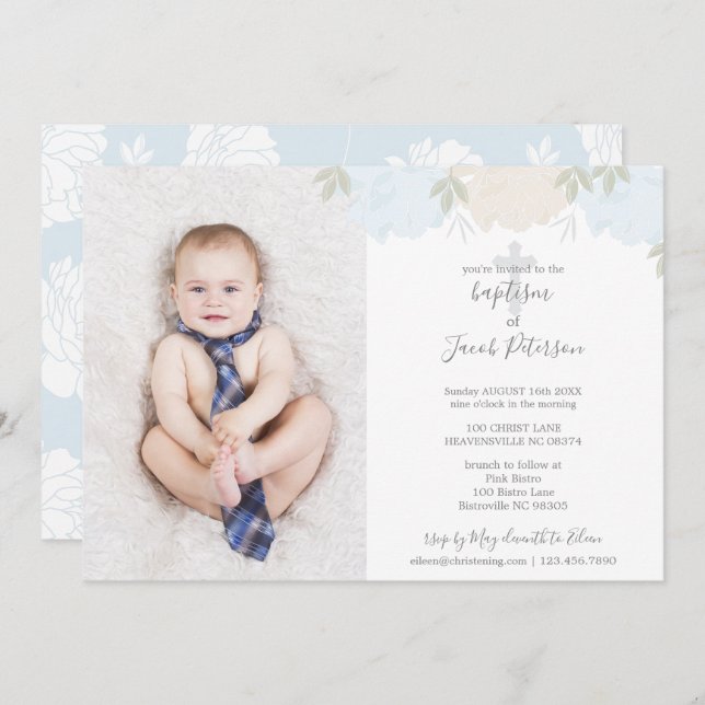 Soft Pastel Blue Peonies Cross Boy Baptism Invitation (Front/Back)