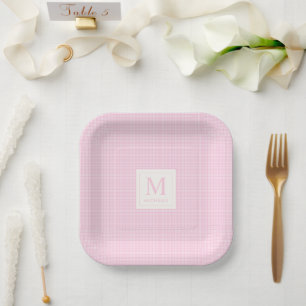 Soft Pastel Blush Baby Pink and White Chequered Paper Plate