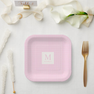 Soft Pastel Blush Baby Pink and White Chequered Paper Plate