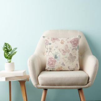 “Soft Pastel Butterfly Floral Pillow” Throw Pillow