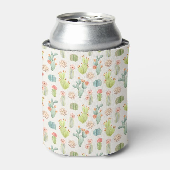 Soft Pastel Cactus & Succulent Pattern Can Cooler (Can Front)
