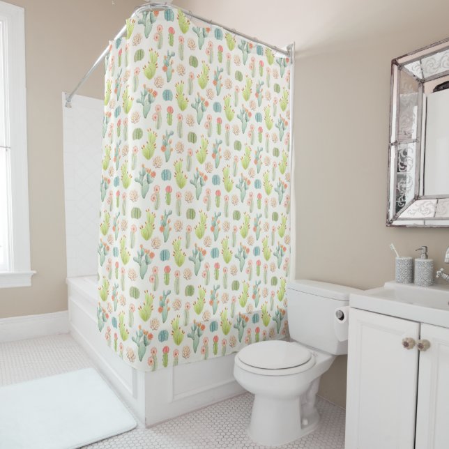 Soft Pastel Cactus & Succulent Pattern Shower Curtain (In Situ)