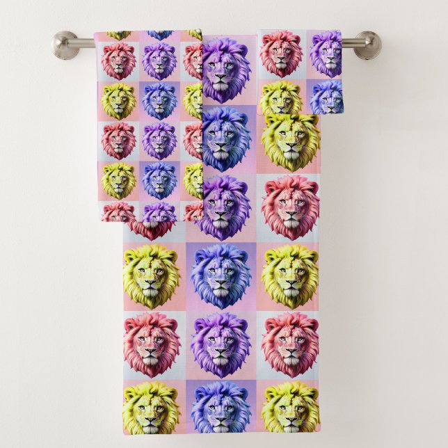 Soft Pastel Colour Lion Head Check Pattern Design  Bath Towel Set (Creator Uploaded)
