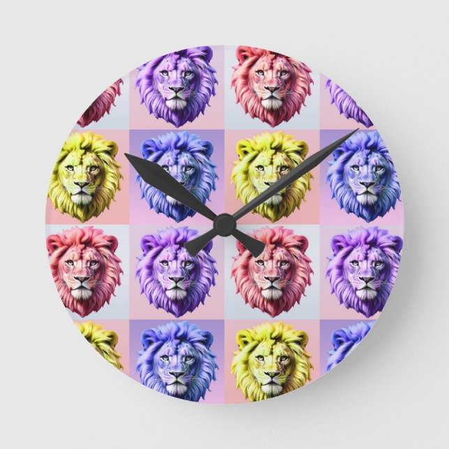 Soft Pastel Colour Lion Head Check Pattern Design  Round Clock (Front)
