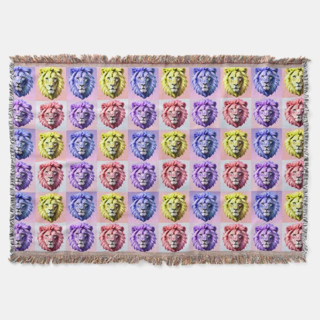 Soft Pastel Colour Lion Head Check Pattern Design  Throw Blanket (Front)