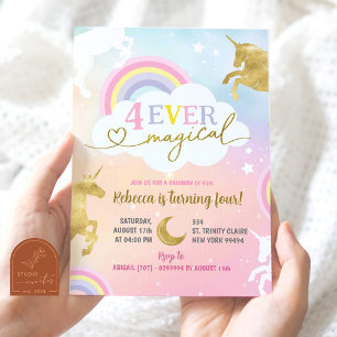 Soft Pastel Colourful Magical Unicorn 4th Birthday Invitation